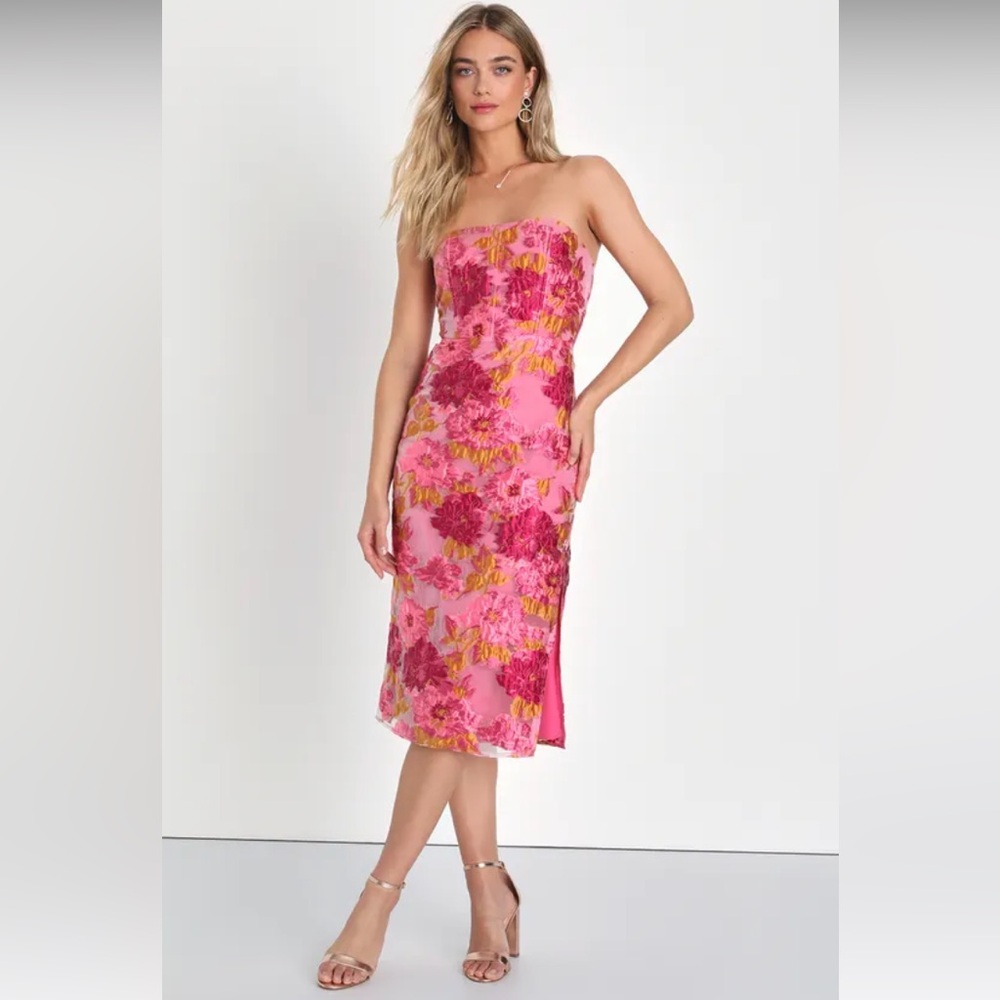 Upgraded Event Pink Jacquard Strapless Bustier Midi Dress from Lulus